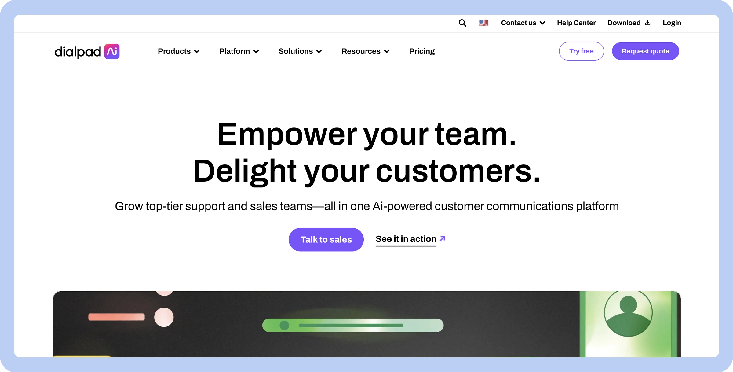 Stylized screenshot of the Dialpad website’s landing page depicting the Dialpad colors and logo as well as links to the pricing page and the contact page.