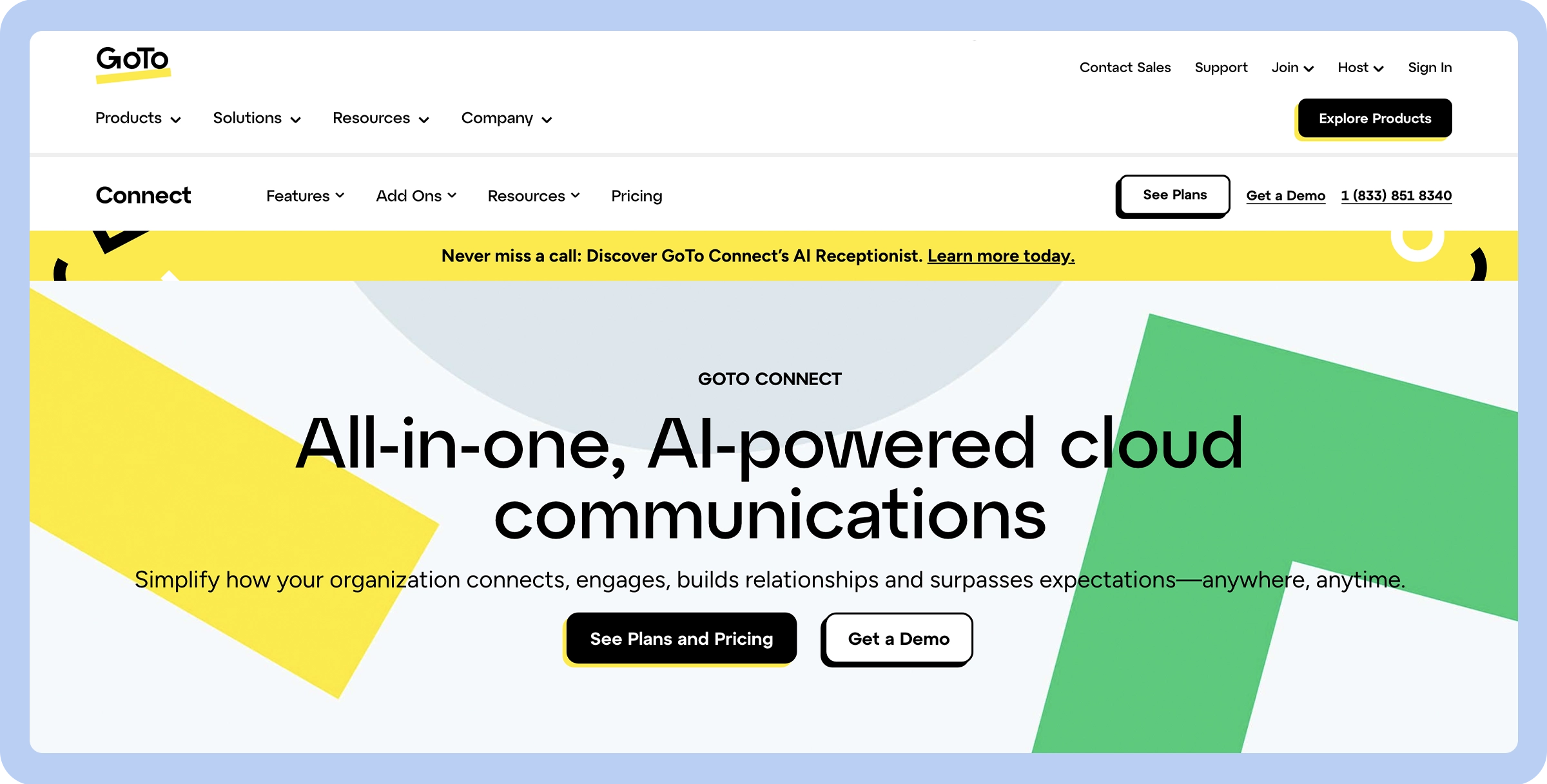 Stylized screenshot of the GoTo Connect website’s landing page depicting the platform’s features as well as links to the pricing page and the contact page.