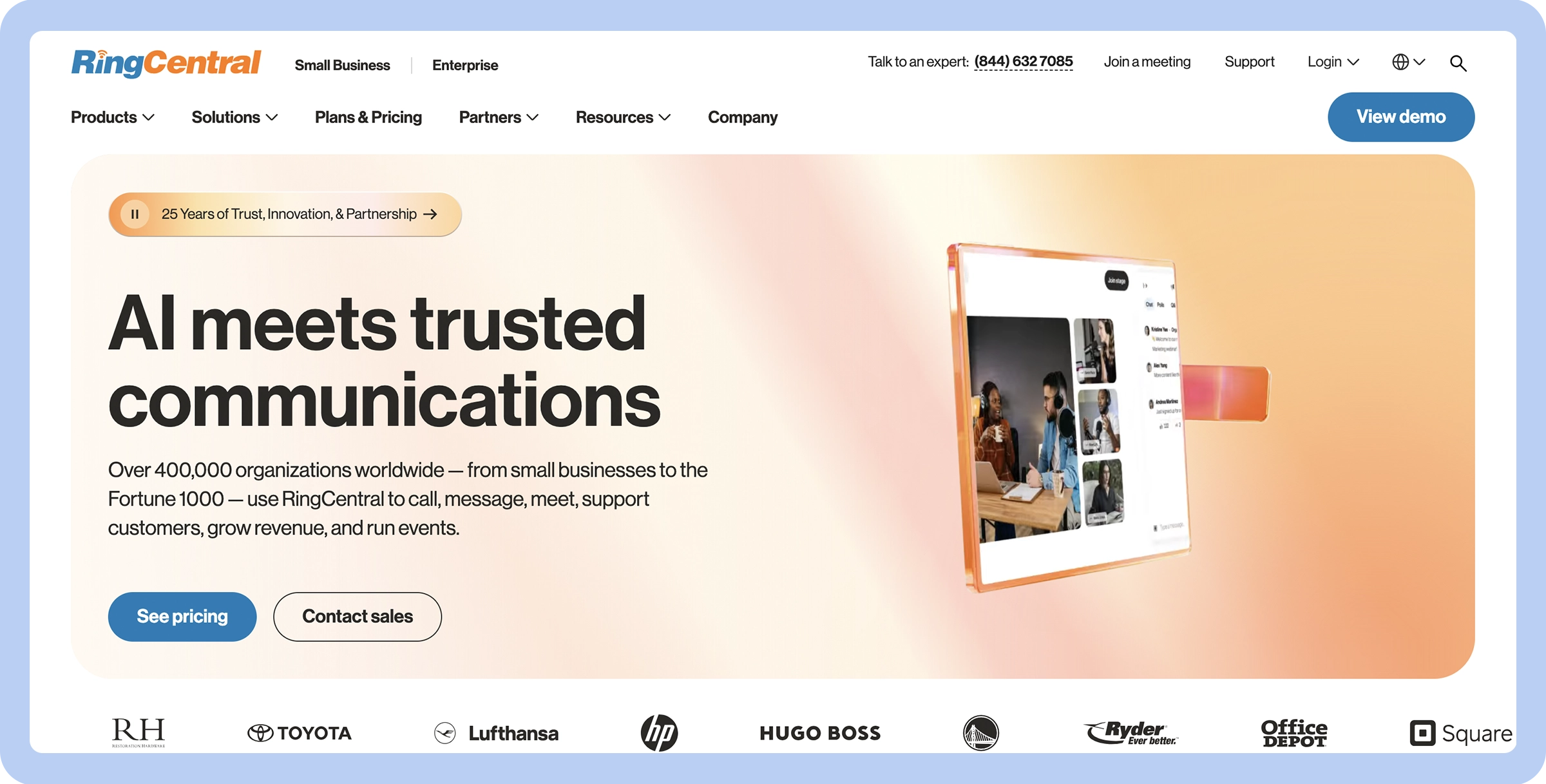 Stylized screenshot of the RingCentral website’s landing page depicting the company colors and logo as well as links to pricing and contact pages.