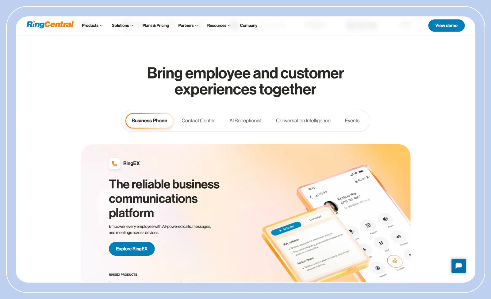 Stylized screenshot of the RingCentral website landing page, showcasing the different features offered by the platform.