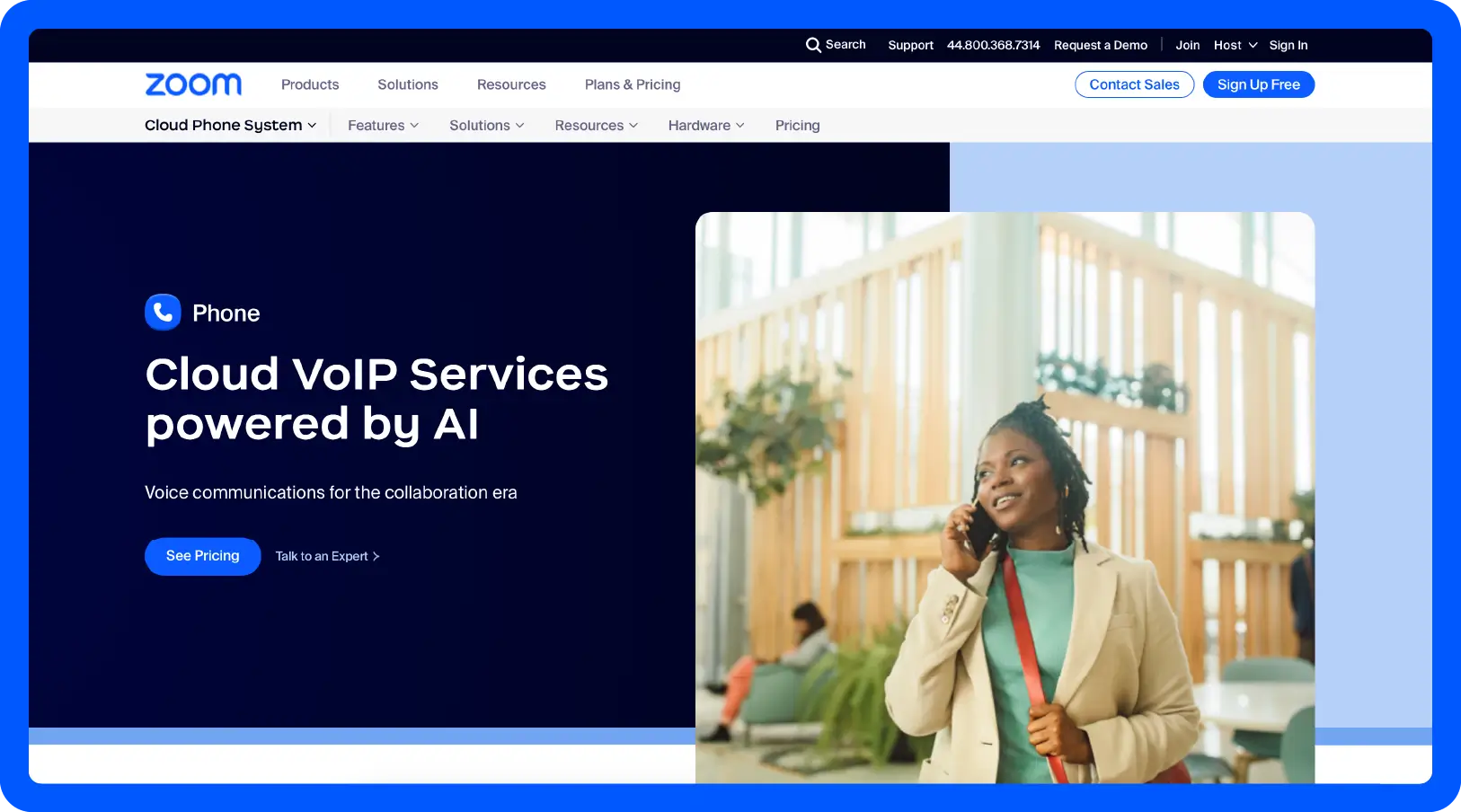 A screenshot of a the Zoom VoIP phone website landing page.