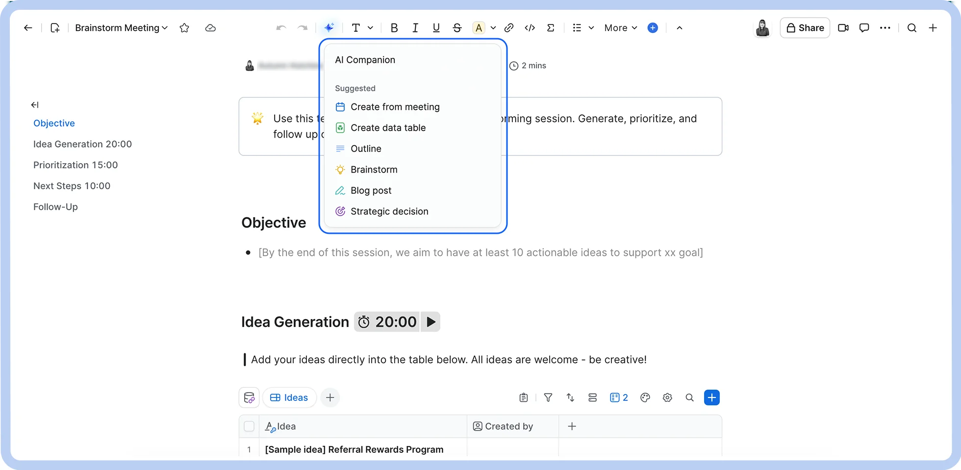 A screenshot showing how AI Companion is tightly woven into Zoom Docs.