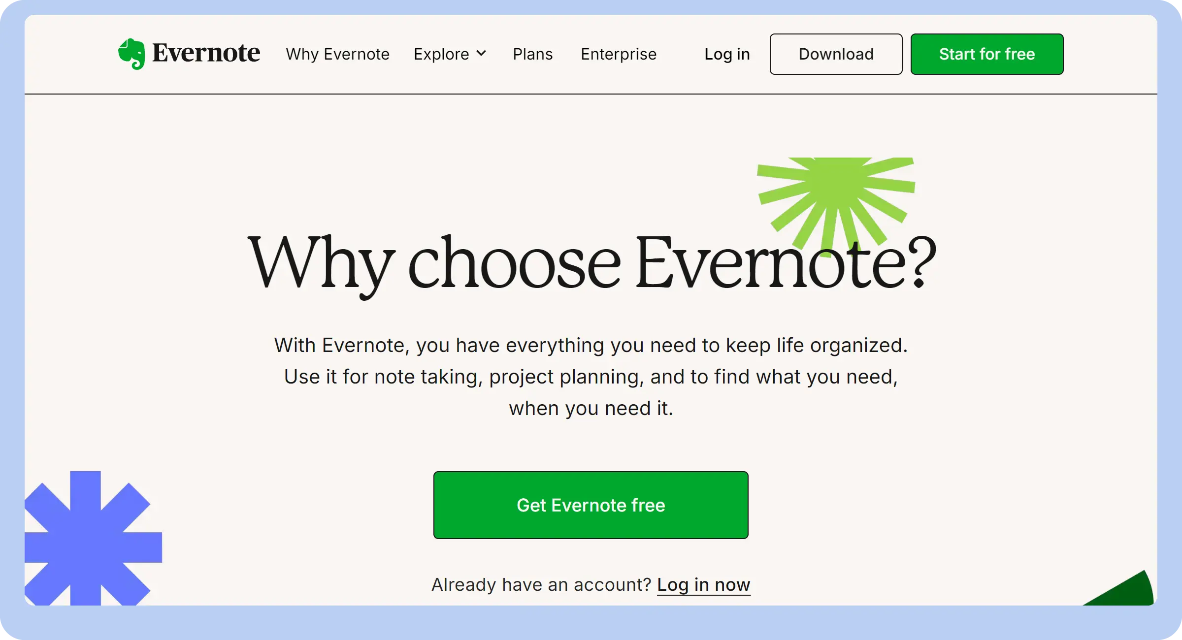 screenshot of Evernote's website homepage