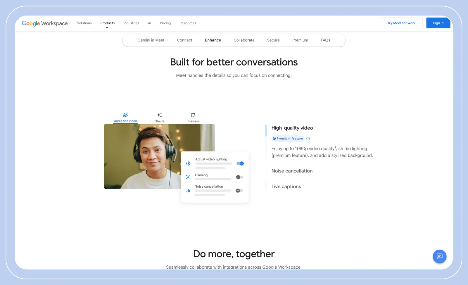 Stylized screenshot of the Google Meet website landing page, showcasing the different features offered by the platform.